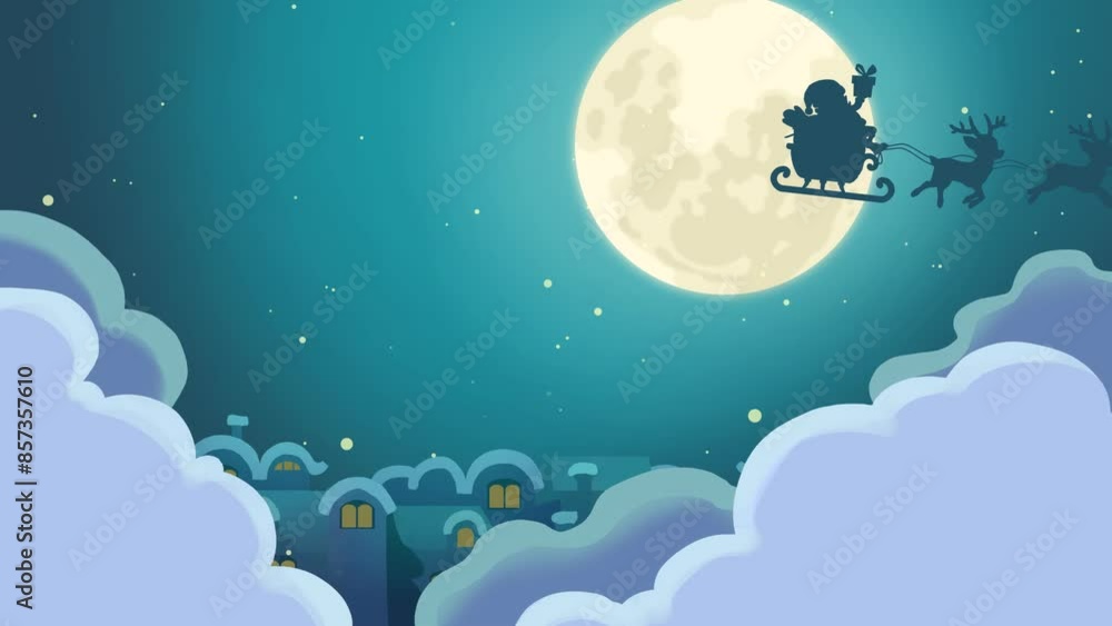 Santa Claus riding sleigh on Christmas night sky over town, flying with reindeer from one side to another. Santa Claus riding sleigh on Christmas night sky over town, flying with reindeer from one side to another.