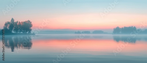 Peaceful lake at dawn with calm water, mist rising, and a pastel-colored sky, capturing the serene beauty of early morning © Starkreal