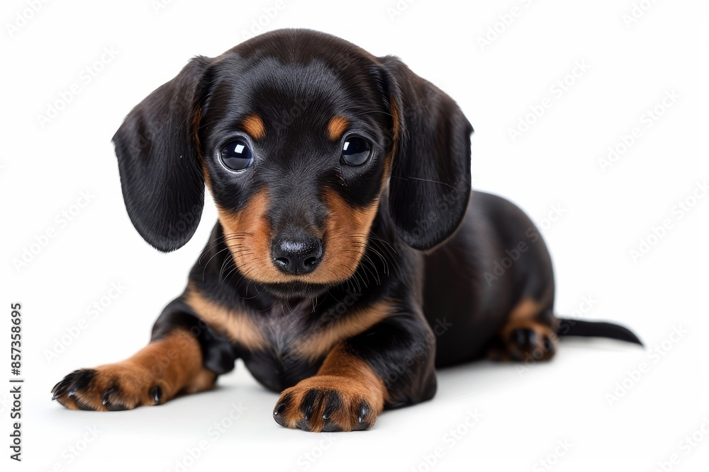 Adorable dachshund puppy posing on white background Adorable dachshund puppy posing on white background