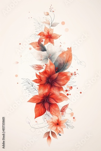 Watercolor Illustration of Orange Flowers With Delicate Leaves and a Touch of Grey