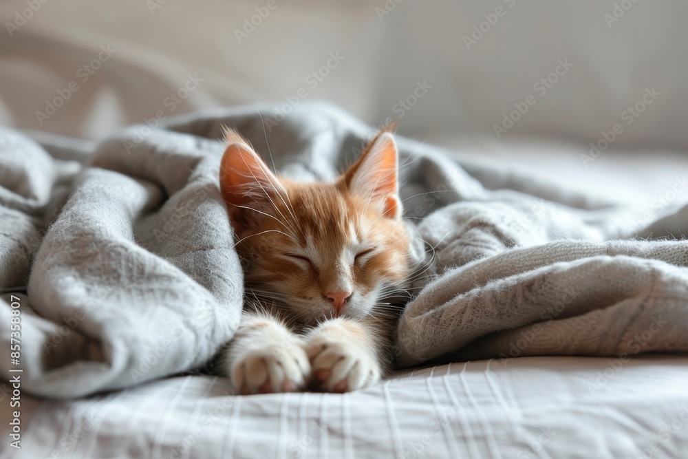 Adorable kitten naps under blanket in home bed Space for text Adorable kitten naps under blanket in home bed Space for text