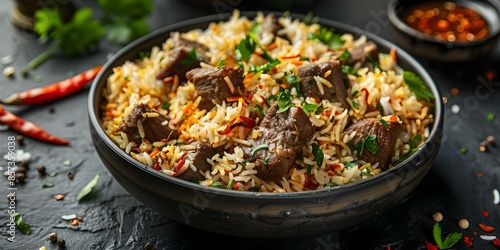 Indian biryani recipes featuring spicy rice dishes with meat curry and basmati rice. Concept Spicy Biryani, Indian Cooking, Meat Curry, Basmati Rice, Traditional Recipes photo
