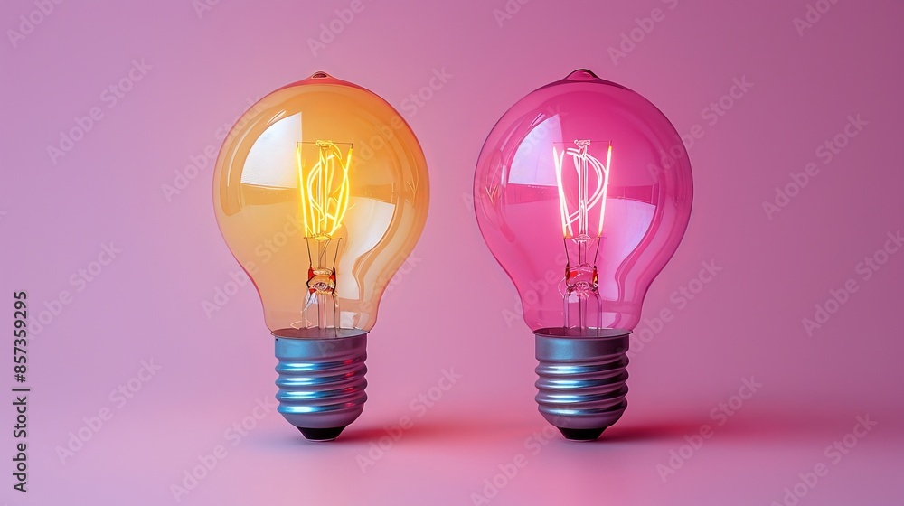 Two colorful light bulbs on pink background, glowing filaments. Creativity and innovation concept Two colorful light bulbs on pink background, glowing filaments. Creativity and innovation concept