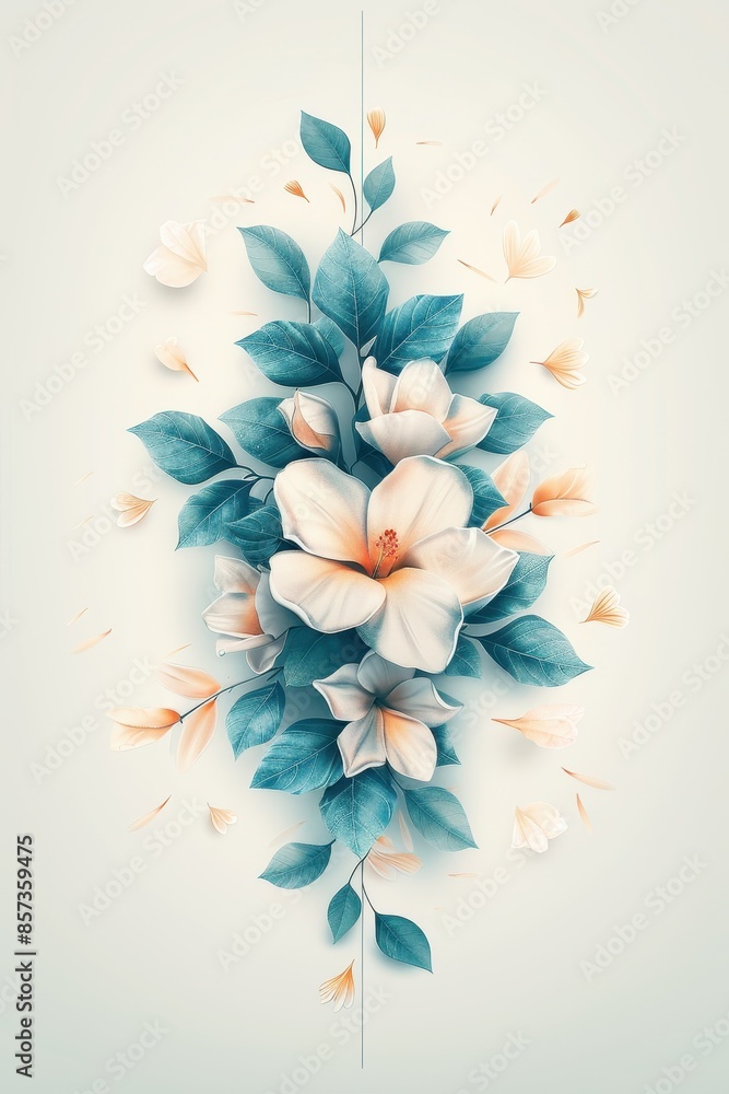 Elegant White Flowers With Teal Leaves Against a Soft Blue Background Elegant White Flowers With Teal Leaves Against a Soft Blue Background