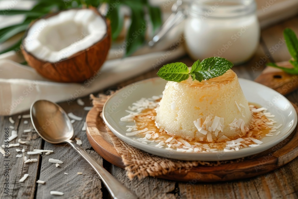 Brazilian sweet couscous pudding with coconut on wooden table Brazilian sweet couscous pudding with coconut on wooden table
