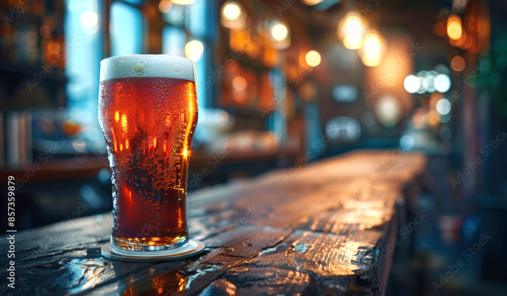 Close-up of pint of dark amber beer with frothy head on a wooden bar counter in a cozy pub, highlighting a relaxed and inviting atmosphere Close-up of pint of dark amber beer with frothy head on a wooden bar counter in a cozy pub, highlighting a relaxed and inviting atmosphere