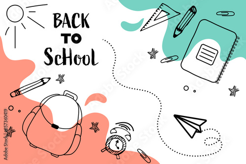 Back to school banner design. Doodle elements of stationery on a white background with small inserts of colored elements. As a poster, banner, cover