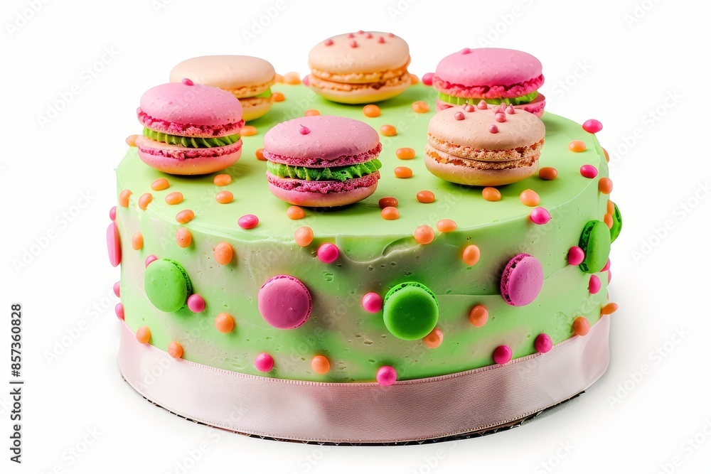 Colorful birthday cake with green and pink dots and macaroons on white Homemade kids party cake Colorful birthday cake with green and pink dots and macaroons on white Homemade kids party cake