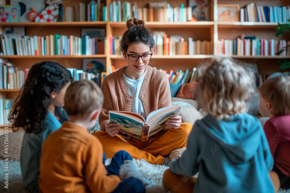 Woman reading a book to a group of children in a cozy library, surrounded by bookshelves, with kids sitting attentively and listening Woman reading a book to a group of children in a cozy library, surrounded by bookshelves, with kids sitting attentively and listening