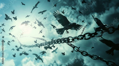 Birds soar with broken chains, symbolizing freedom and liberation. © Nicat
