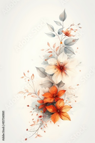 Watercolor Painting of Delicate Orange and White Flowers With Elegant Green Leaves