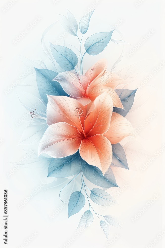 Watercolor Illustration of Delicate Pink Flowers With Blue Leaves Watercolor Illustration of Delicate Pink Flowers With Blue Leaves