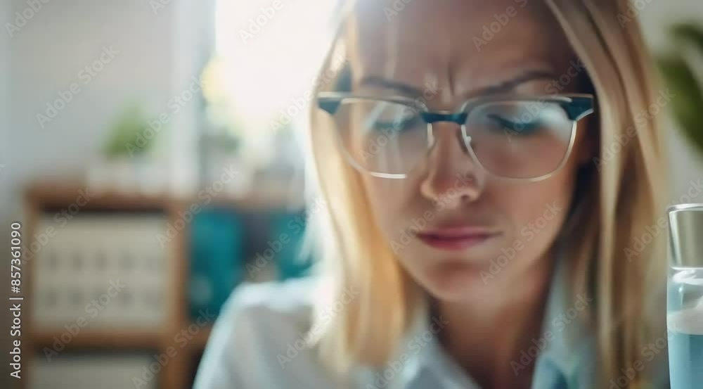 Concerned Woman Examining Water Quality Indoors Concerned Woman Examining Water Quality Indoors