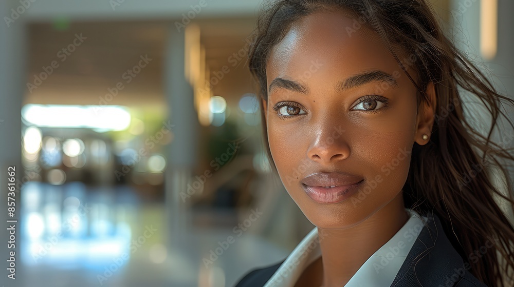 Naklejka premium an African American woman with long hair and light brown skin tone in an office building looking at the camera. She is wearing a white shirt, black blazer and makeup. Generative AI.