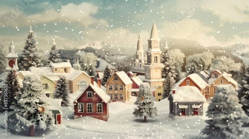 Fototapeta Naklejka Na Ścianę i Meble -  A picturesque winter village scene, featuring quaint houses covered in snow and a prominent church tower. The setting is bathed in a soft, warm light with gentle snowfall.