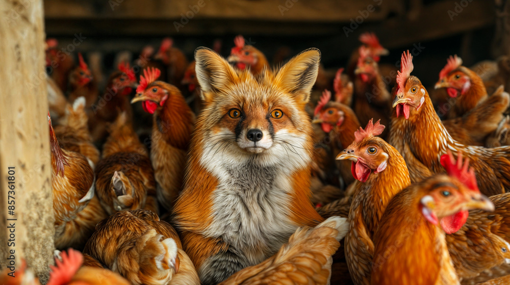 Fototapeta premium A red fox in a chicken coop full of brown hens