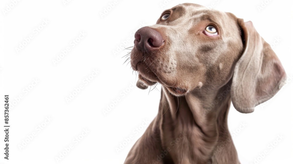 A Weimaraner dog with brown fur and blue eyes is looking up, curious and attentive. A Weimaraner dog with brown fur and blue eyes is looking up, curious and attentive.