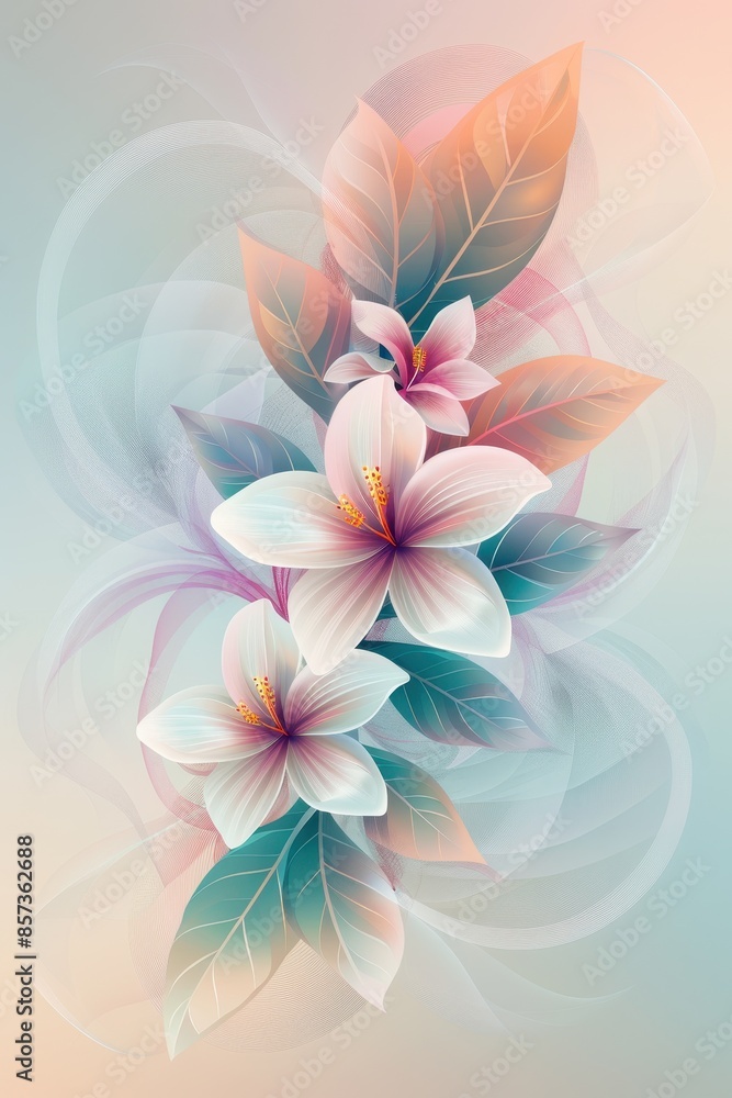 Fototapeta premium Delicate White Flowers With Teal Leaves and a Gentle Background