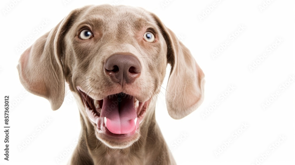 A Weimaraner dog with big, blue eyes smiles broadly with its mouth open and tongue sticking out. A Weimaraner dog with big, blue eyes smiles broadly with its mouth open and tongue sticking out.