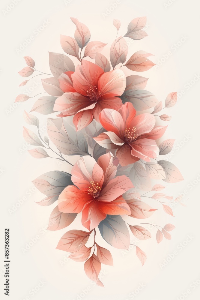 Naklejka premium Delicate Pink Flowers With Green Leaves on a Light Background