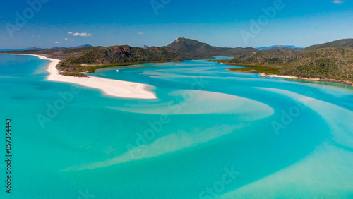 Whitehaven Beach aerial view. Panorama from a drone viewpoint. Whitsunday Islands, Australia