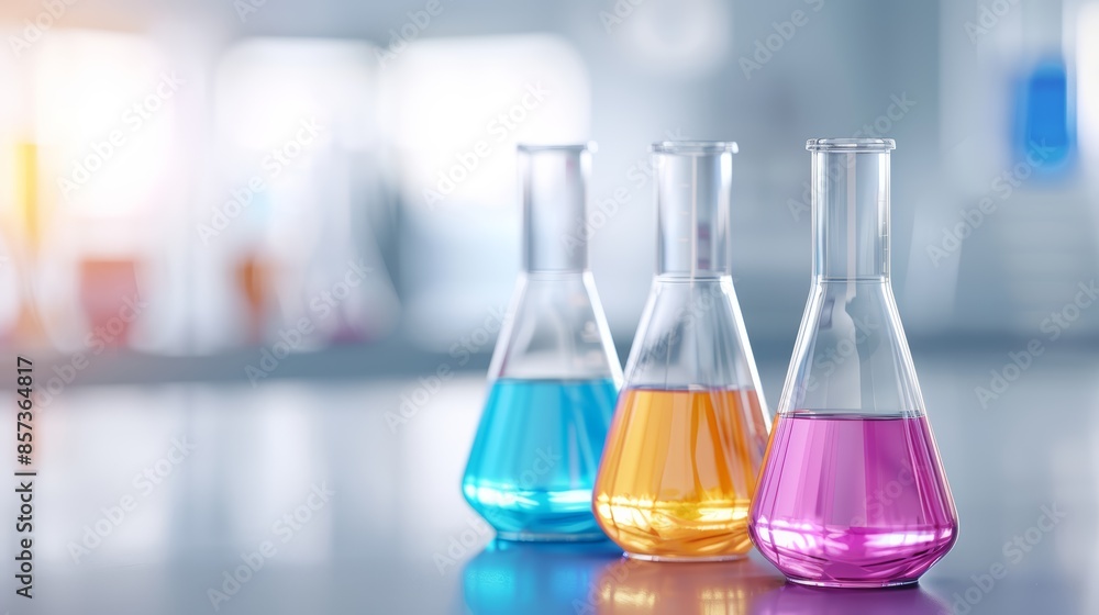 Diverse lab glassware with vibrant chemical solutions on a wooden table, modern lab environment with high-tech equipment and bright lighting Diverse lab glassware with vibrant chemical solutions on a wooden table, modern lab environment with high-tech equipment and bright lighting