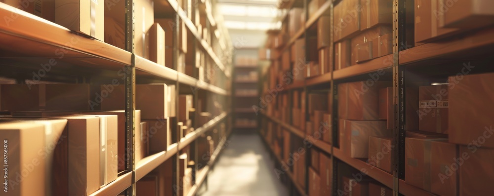 Fototapeta premium Shelves filled with cardboard boxes in a warehouse, perspective view. Inventory and logistics concept