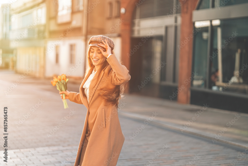 Obraz premium Happy Woman Walking With Flowers in Downtown City on Sunny Day