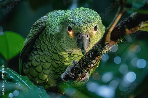 A Kakapo parrot climbing a tree branch at night, its vibrant green feathers and owl-like face illuminated by moonlight.  photo