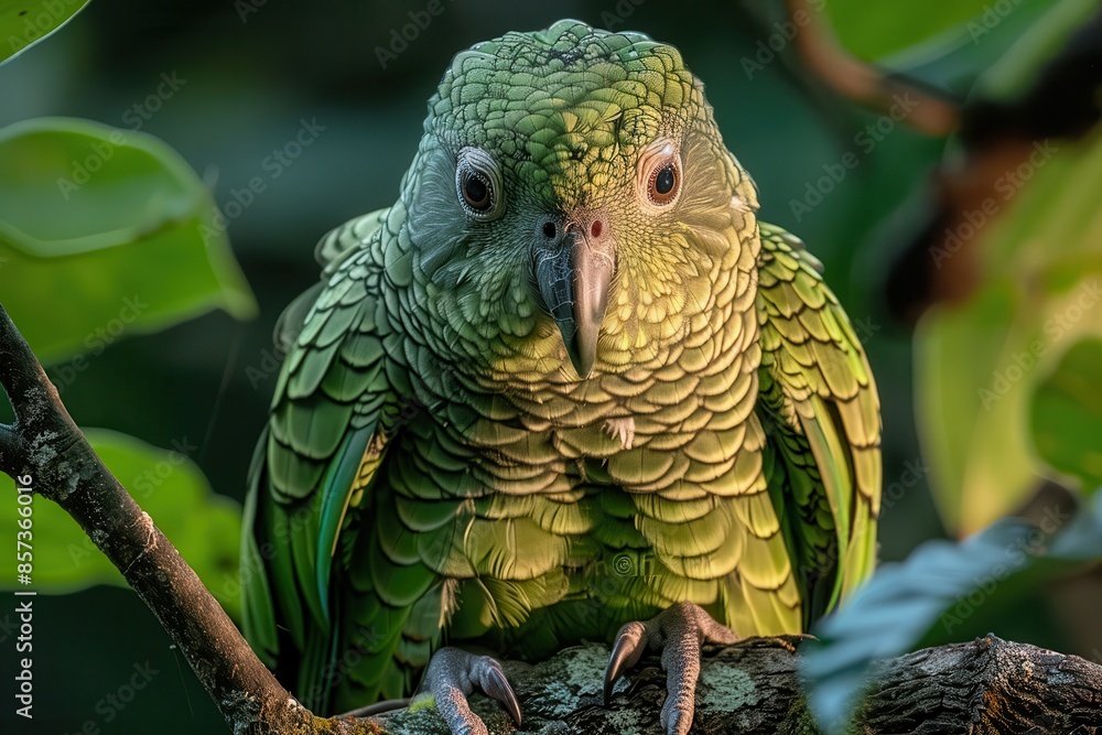 Fototapeta premium A Kakapo parrot climbing a tree branch at night, its vibrant green feathers and owl-like face illuminated by moonlight. 