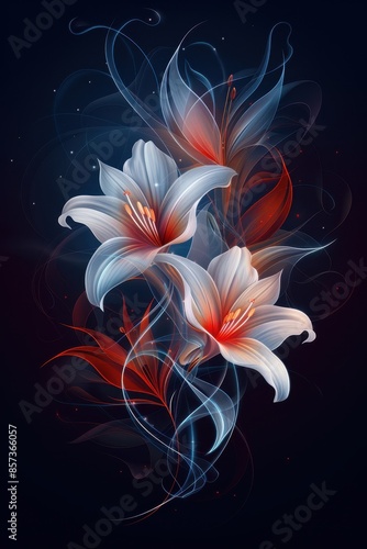 Delicate White Lilies With Red Accents Against a Dark Background