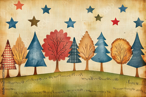 Vintage card with trees and stars on old paper, in retro style. Illustration, old paper texture, naive art, primitivism