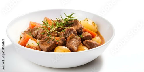 French veal stew on white background food photography cooking inspiration. Concept Food Photography, French Cuisine, White Background, Veal Stew, Cooking Inspiration