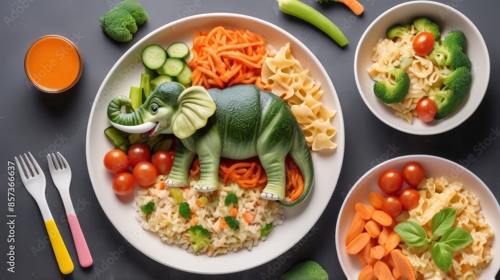 Illustration of packed food for children with cute food containers in animal shapes. Illustration of packed food for children with cute food containers in animal shapes.