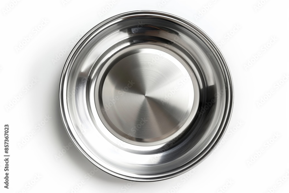 High resolution top view mockup of stainless steel plate on white background High resolution top view mockup of stainless steel plate on white background