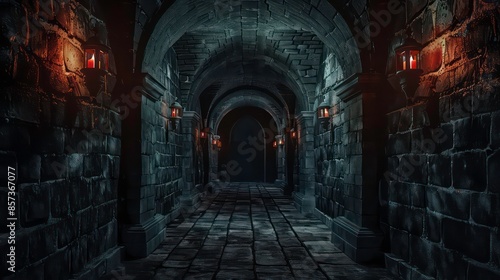 Dark dungeon long medieval castle corridor backgrounds, scary endless medieval catacombs with torches. Mystical nightmare concept. Generative AI