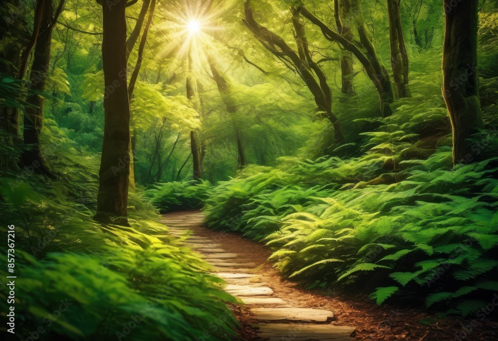 Fototapeta premium enchanting forest pathway through lush woods sunlight filtering through leaves, trees, nature, green, foliage, tranquil, serene, peaceful, walkway, natural