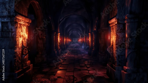 Dark dungeon long medieval castle corridor backgrounds, scary endless medieval catacombs with torches. Mystical nightmare concept. Generative AI