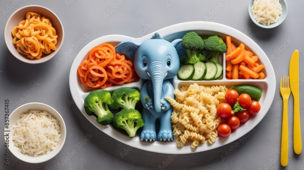 Illustration of packed food for children with cute food containers in animal shapes. Illustration of packed food for children with cute food containers in animal shapes.