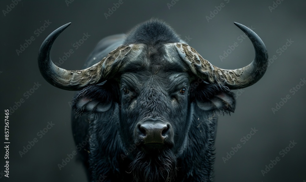 A huge buffalo bull looks straight into the camera against a dark background A huge buffalo bull looks straight into the camera against a dark background