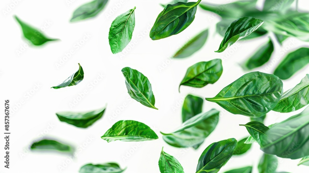 A photo of green leaves falling against a white background. The leaves are in various stages of falling, some are fully open, some are partially closed. A photo of green leaves falling against a white background. The leaves are in various stages of falling, some are fully open, some are partially closed.