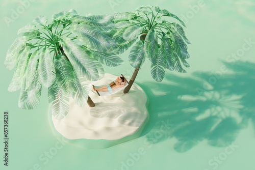 Young happy man relaxing with book on beach of island in hammock under the palm trees. Summer travel concept. 3d render