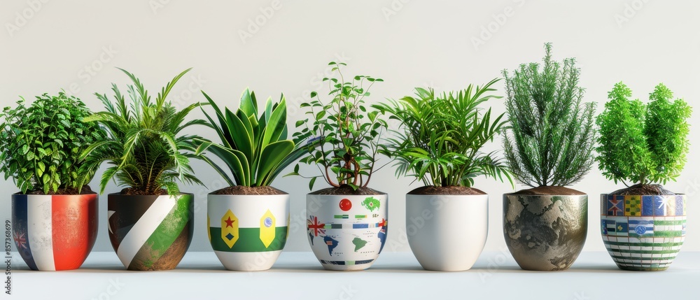 Selection of green plants in pots with flags from around the world, , bright white backdrop, ample room for text Selection of green plants in pots with flags from around the world, , bright white backdrop, ample room for text