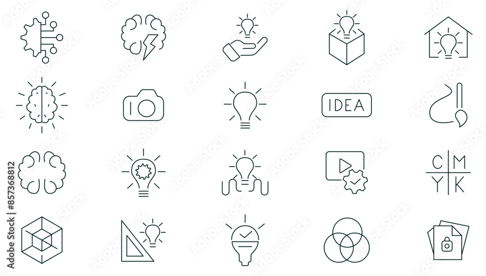 Creative ideas and inspiration linear icons collection. Innovation, idea, think, plan icon collection. UI thin outline icons pack. Creative ideas and inspiration linear icons collection. Innovation, idea, think, plan icon collection. UI thin outline icons pack.