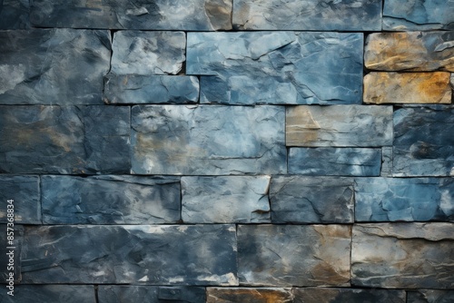 Stone wall with blue cracked plaster. Background plan for design. Grunge texture, generative IA
