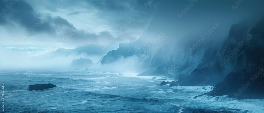 Serene image of a foggy coastal landscape, with waves crashing and a misty atmosphere, perfect for peaceful and dramatic themes Serene image of a foggy coastal landscape, with waves crashing and a misty atmosphere, perfect for peaceful and dramatic themes