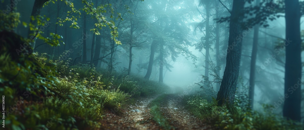 Serene image of a foggy forest path, with mystical atmosphere and soft light, perfect for fantasy and nature themes Serene image of a foggy forest path, with mystical atmosphere and soft light, perfect for fantasy and nature themes