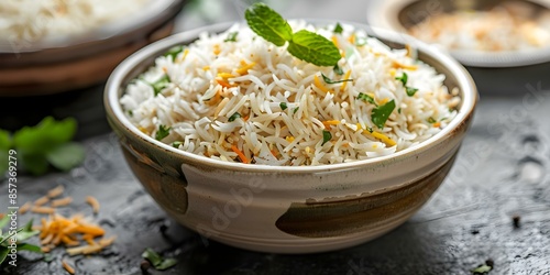 Freshly cooked basmati rice in flavorful Indian biryani dish. Concept Indian Cuisine, Basmati Rice, Biryani Recipe, Flavorful Spices, Traditional Ingredients