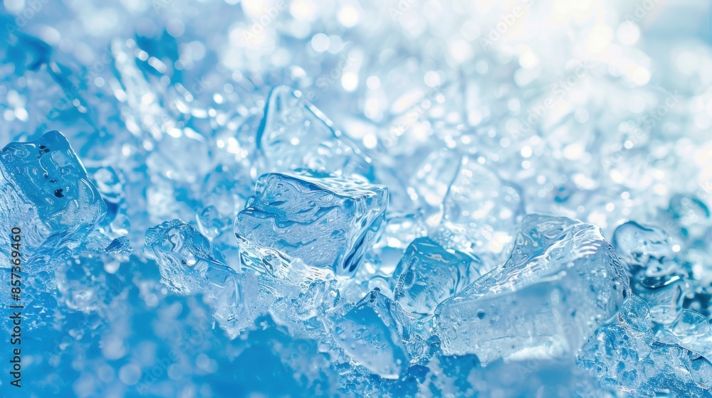 A close-up shot of a pile of ice cubes, capturing their glistening and translucent nature with a soft blue hue. A close-up shot of a pile of ice cubes, capturing their glistening and translucent nature with a soft blue hue.