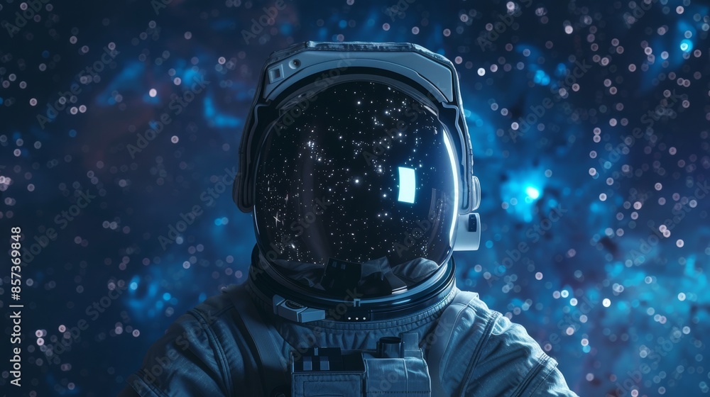 Astronaut with galaxy reflection in helmet, outer space exploration. Space travel and adventure concept Astronaut with galaxy reflection in helmet, outer space exploration. Space travel and adventure concept